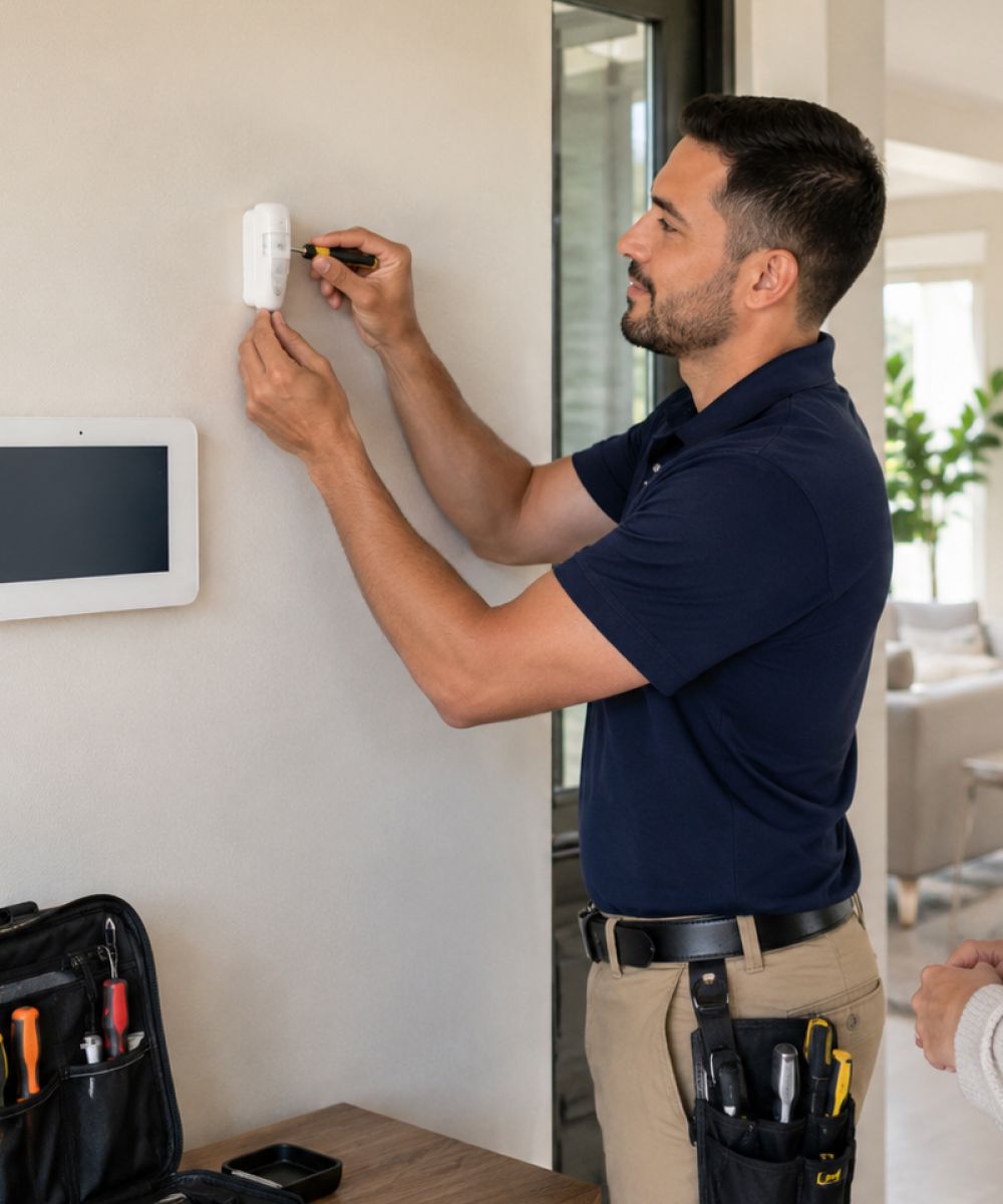 Technician installing home alarm sensor