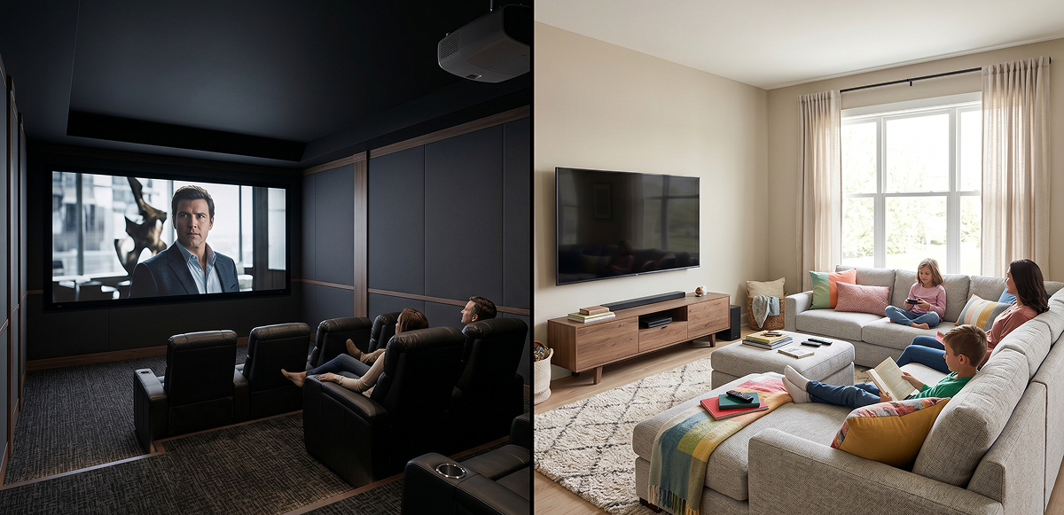 Home theater versus media room comparison showing dedicated theater seats versus casual family media room setup