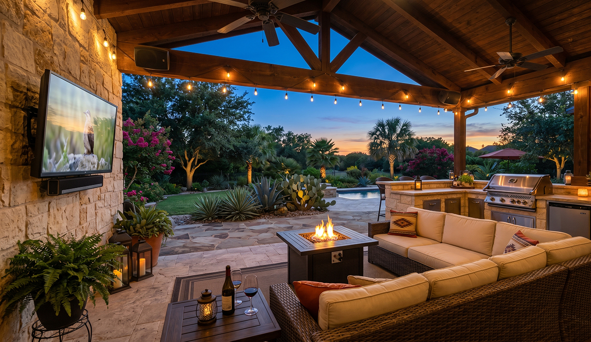 Outdoor entertainment system on a South Texas covered patio with TV and in-ceiling speakers