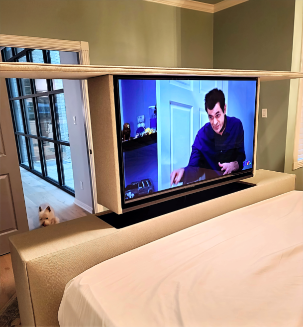 Bedroom TV lift cabinet with hidden display