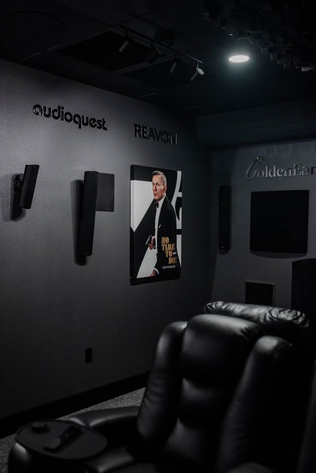 Home theater wall with AudioQuest speakers