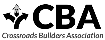A grayscale logo with the text "Crossroads Builders Association" and a stylized house icon above the text.