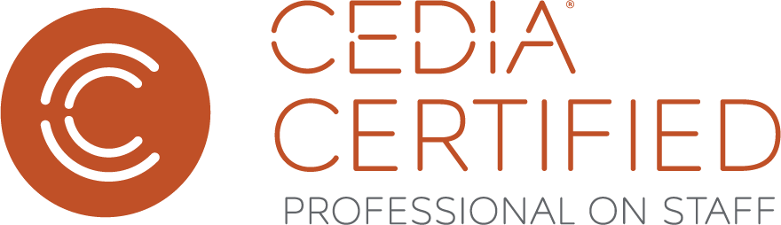 A logo with an orange circle containing a white 'C' and the words "CEDIA CERTIFIED PROFESSIONAL ON STAFF" in orange and black.
